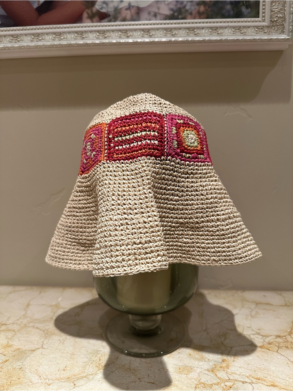 Cream Crochet Sun Hat with Pink & Orange Accent Band